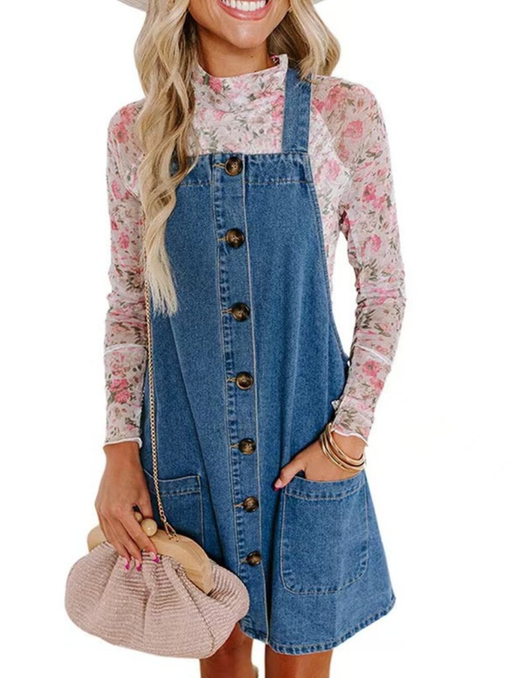 Women’s Loose Denim Brace Dress Casual Japanese Korean Style Pocket Pullover